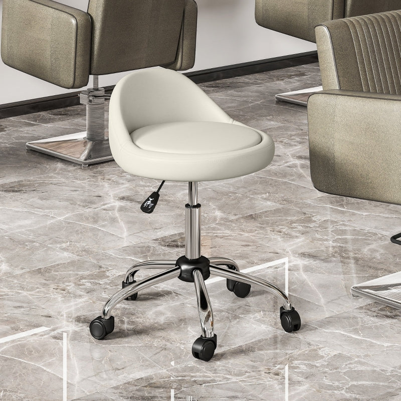 Rolling Stool, Adjustable Height, Swivel, Faux Leather White