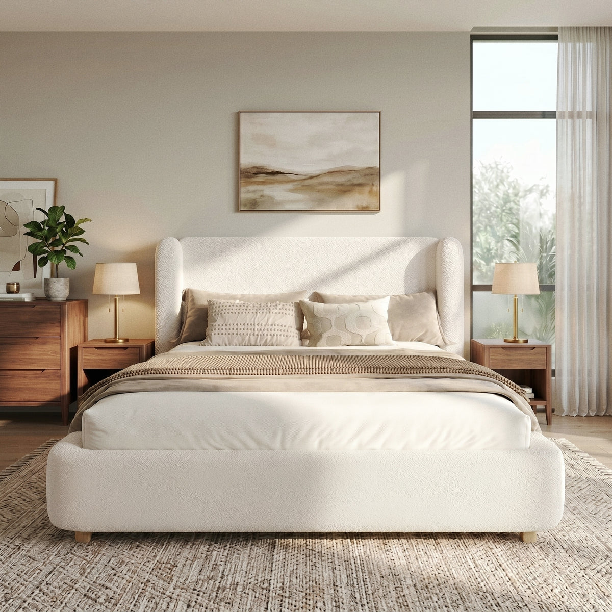 Upholstered Double Bed 180x200 cm with Slatted Base, Beige Bouclé