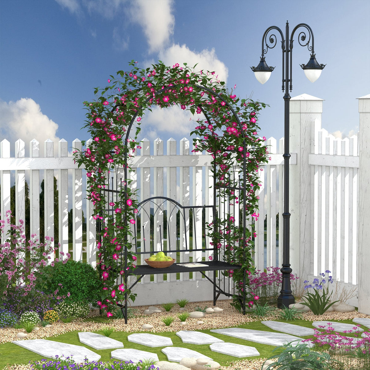 Rose Arch with Bench, Garden Trellis, Metal Black
