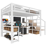Loft Bed with Desk, LED Lighting and Storage Staircase, 140 x 200 cm, White