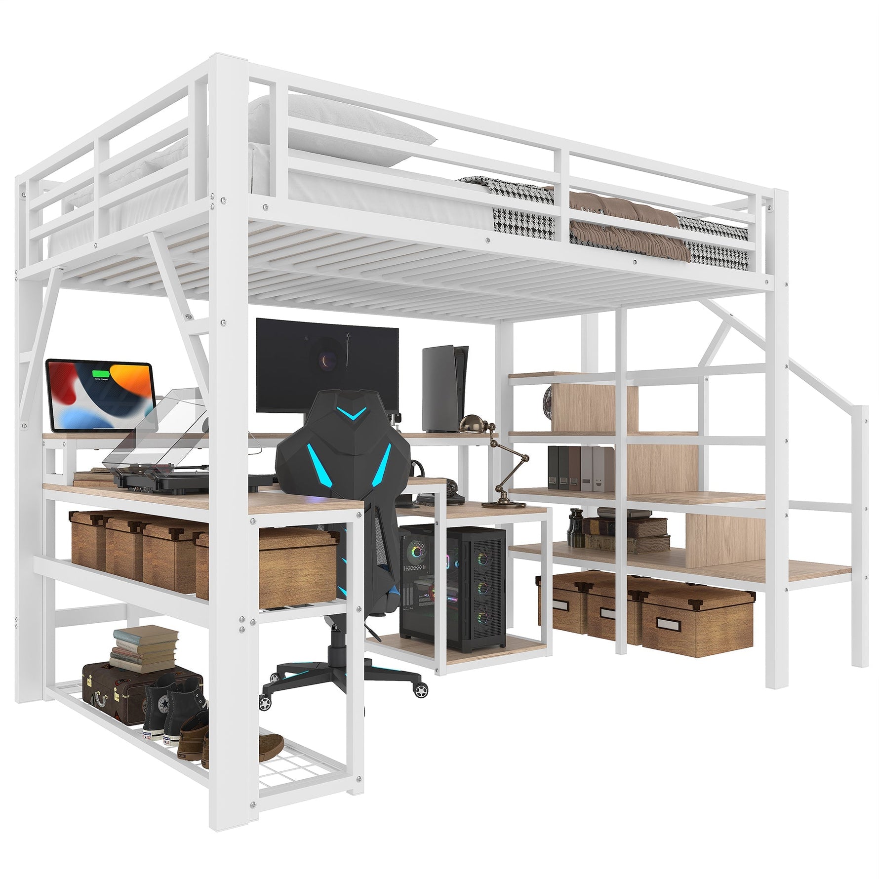Loft Bed with Desk, LED Lighting and Storage Staircase, 140 x 200 cm, White