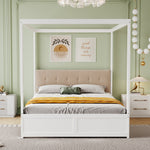 Canopy Bed, 140x200cm Large Drawers Soft Headboard, Wooden White