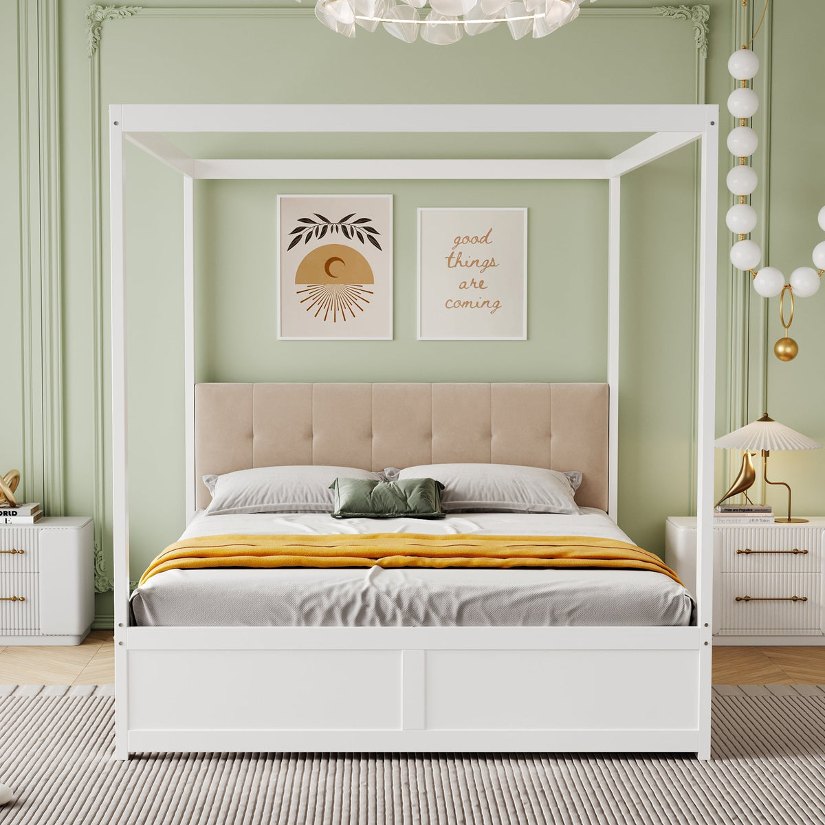 Canopy Bed, 140x200cm Large Drawers Soft Headboard, Wooden White