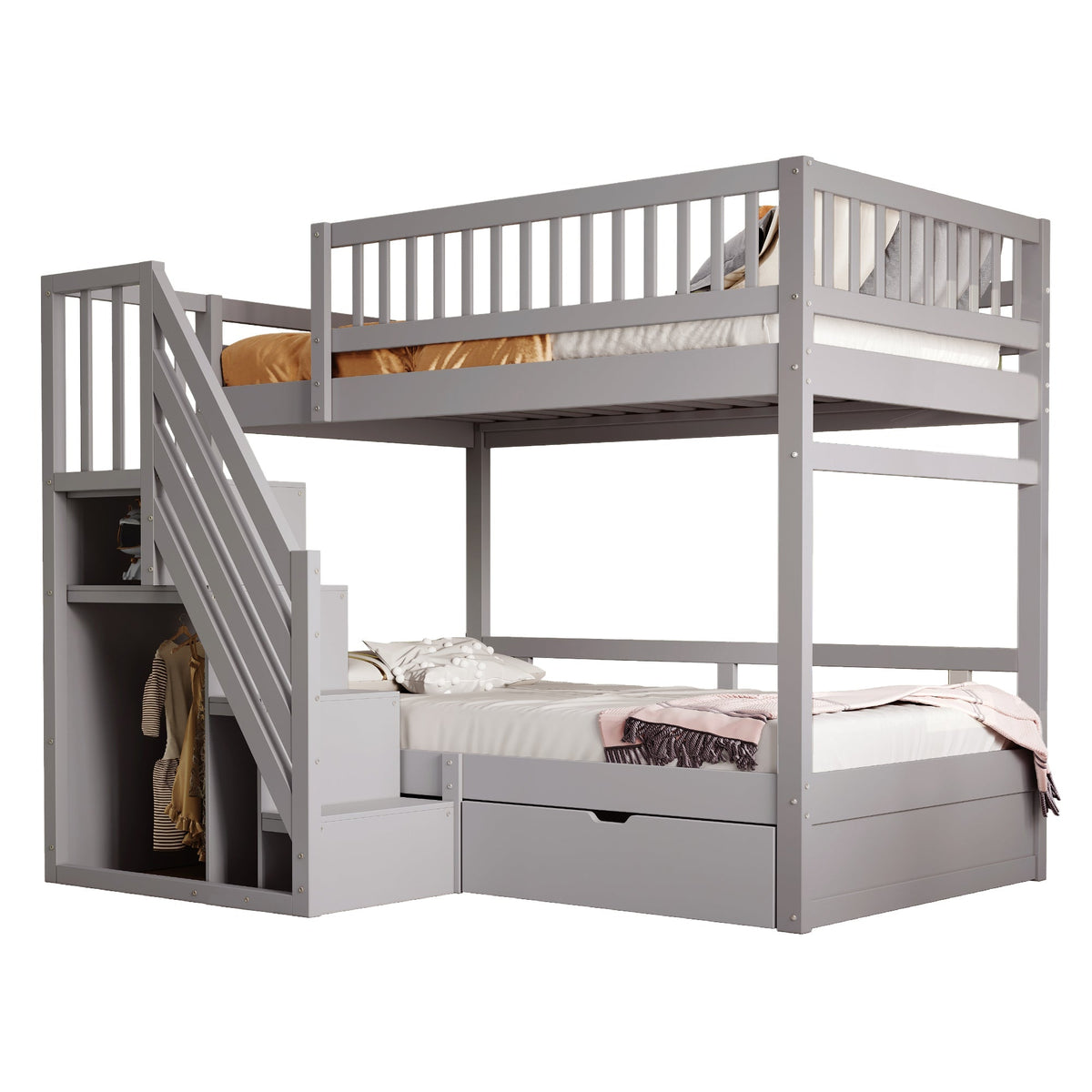Bunk Bed, 90*200cm, High Safety Rail, Slatted Frame, Storage Ladder & Drawers, Solid Wood Grey