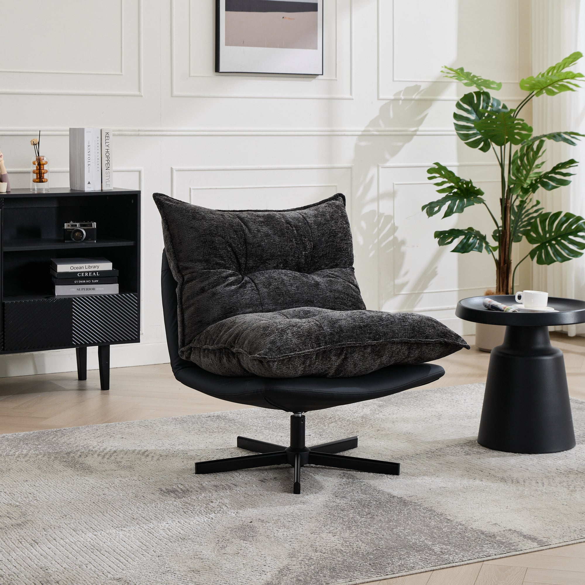 Swivel Recliner with 3-Position Adjustable Backrest and Memory Foam, Dark Grey Chenille and Faux Leather
