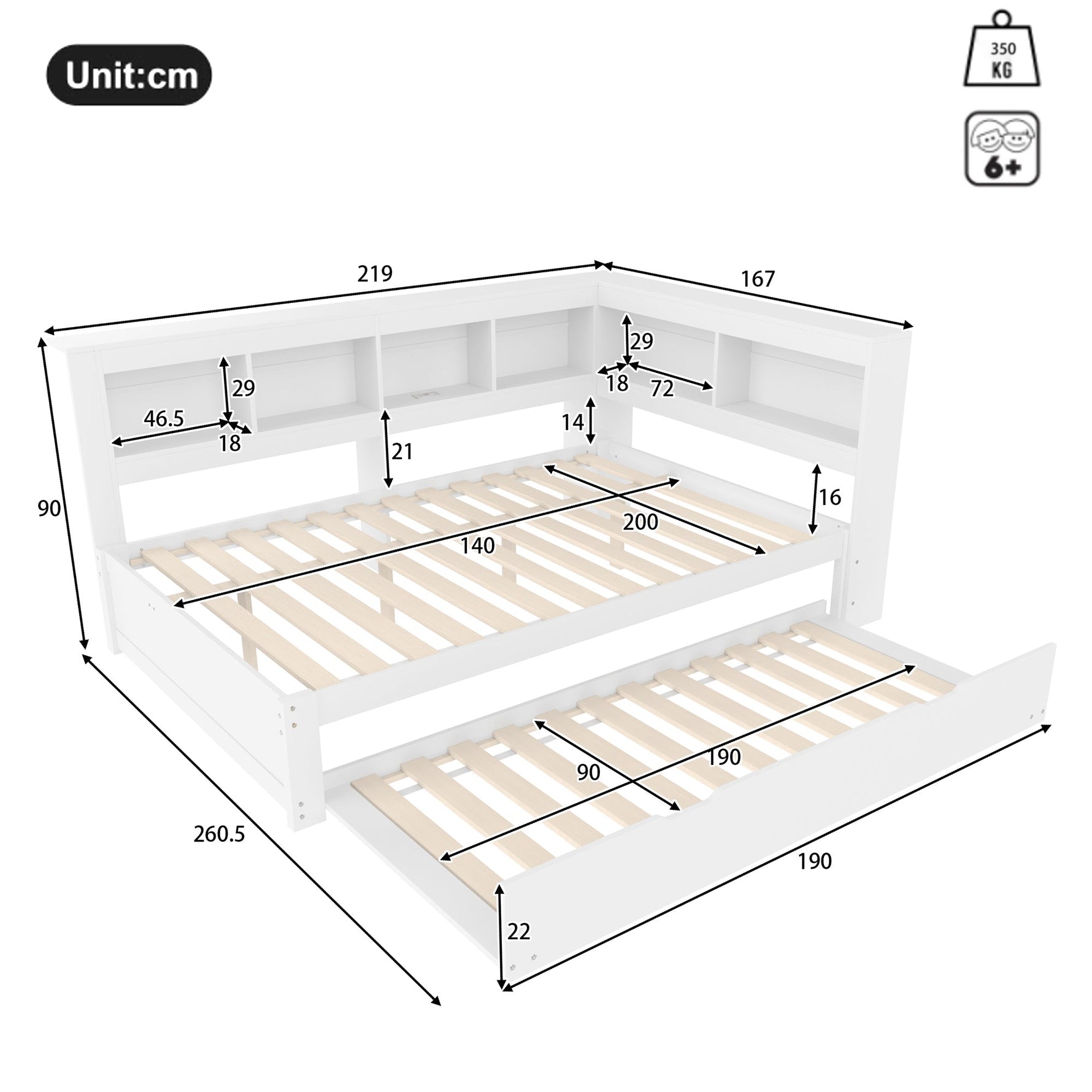 Daybed 140x200cm Pull-out Bed Power Outlet 2 USB - White Chipboard