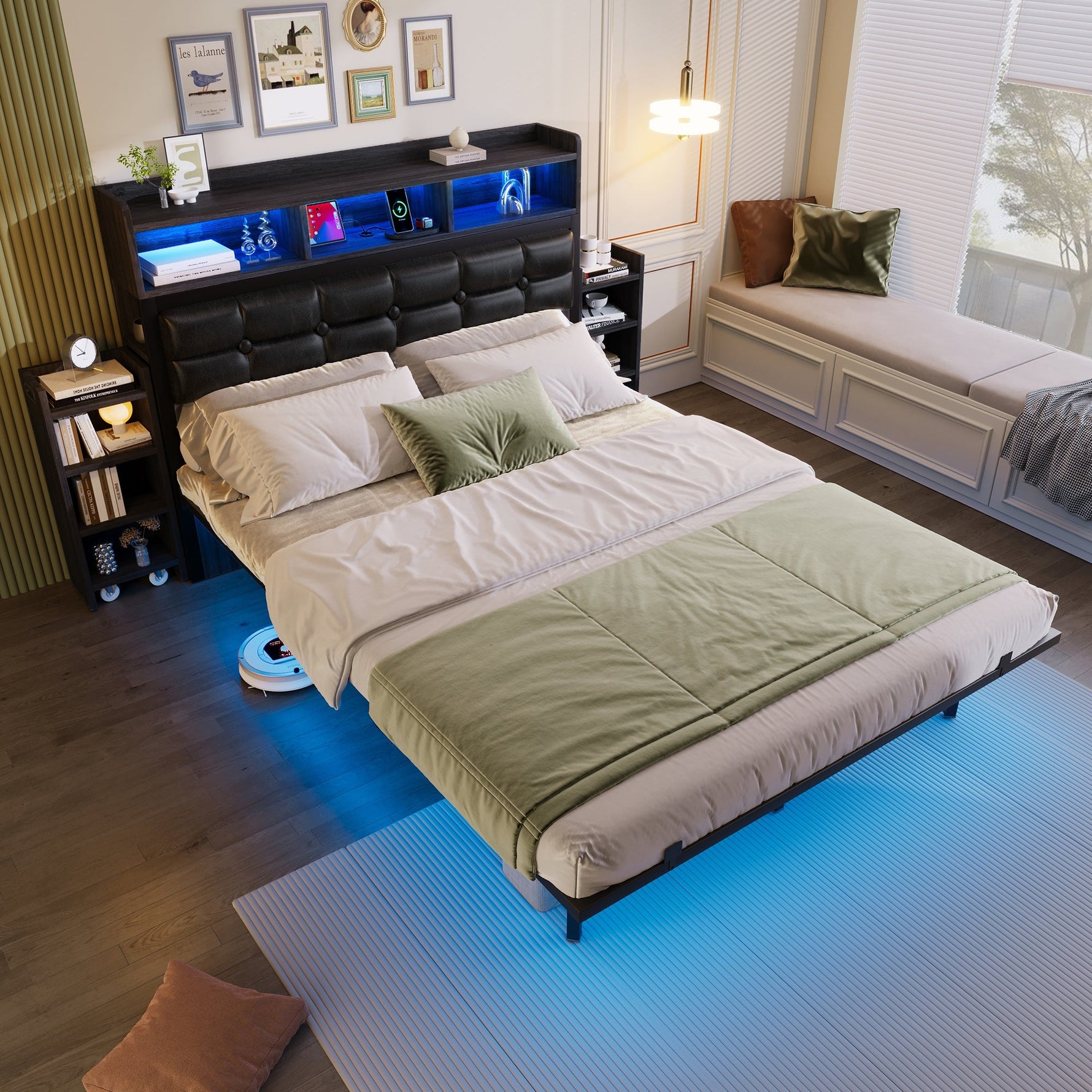 Double Bed 140x190cm with 2 Pull-out Nightstands Storage USB/Type-C LED Grey