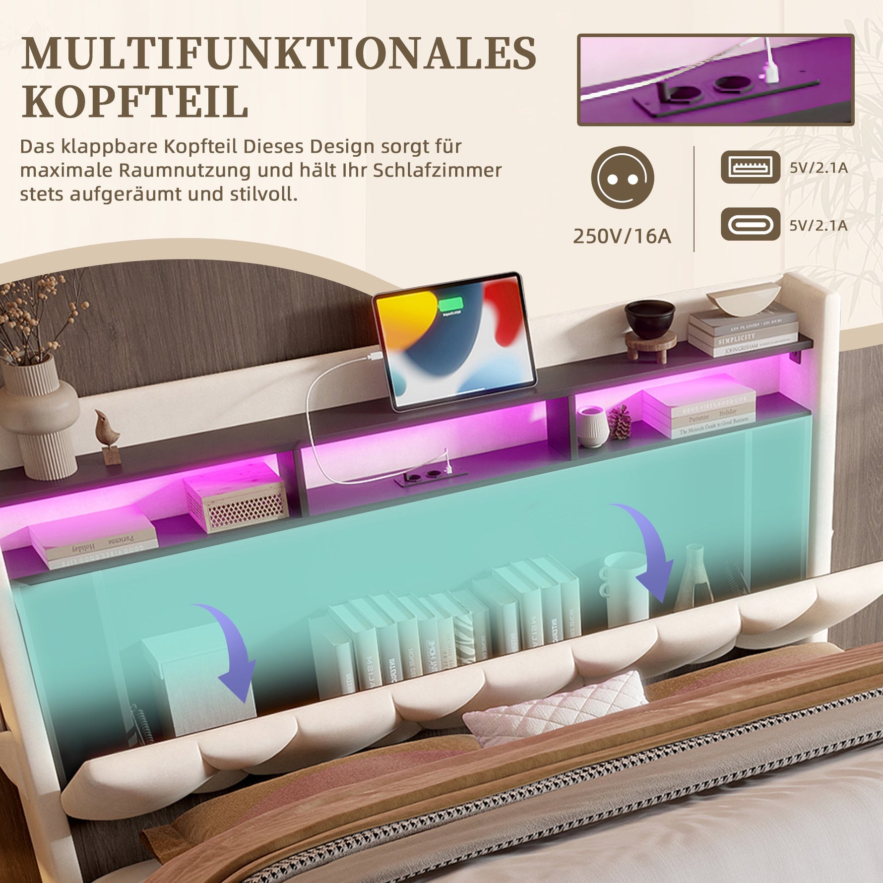 Upholstered Bed Frame, LED Lighting, USB-C Charging, Storage, Beige