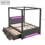 Upholstered Four-Poster Bed 140x200cm, Pull-Out & 3 Drawers, Grey