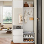 Compact Wardrobe with Mirror, Bench & Shoe Cabinet, White MDF