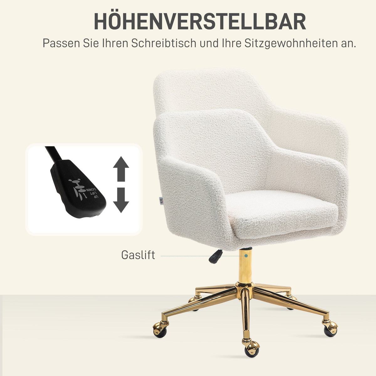 Office Chair, Height-Adjustable Swivel Recliner Steel Frame, Cream White Velvet