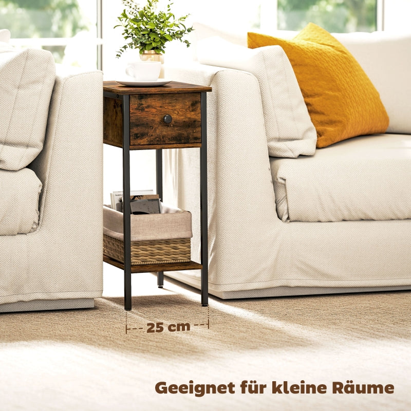 Side Table with Open Compartment and Drawer, Metal Legs, Wood, Brown