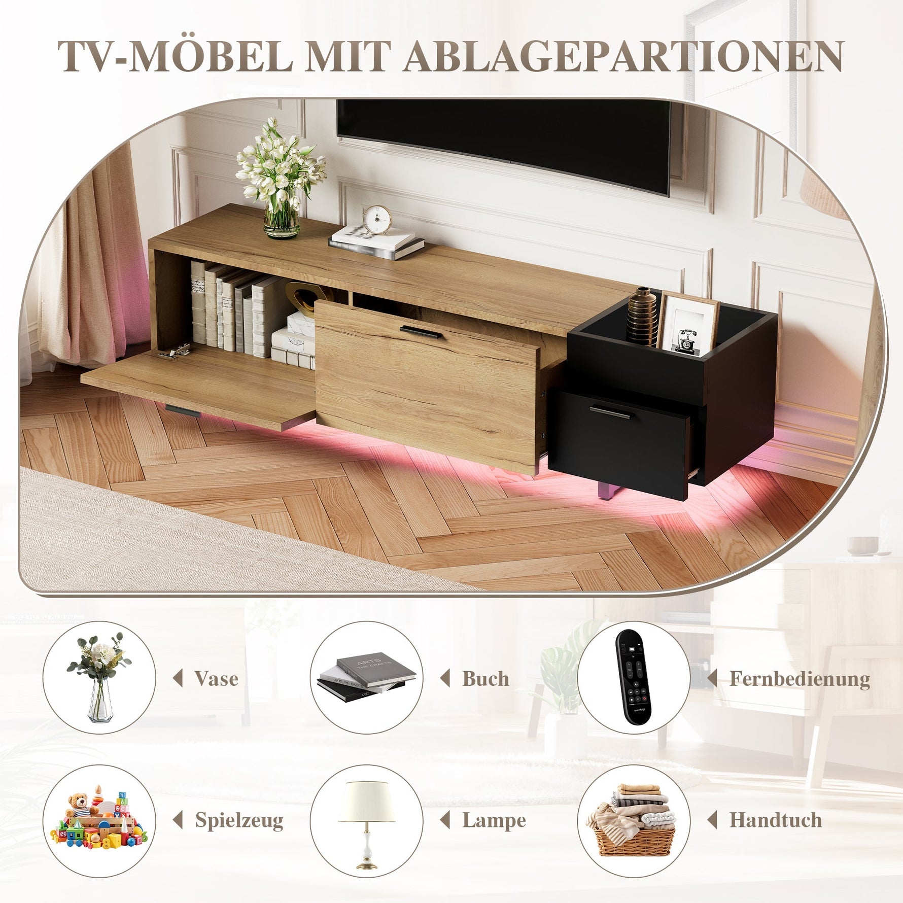 Modern TV Cabinet with Drawers and Open Compartments, Wood and Black