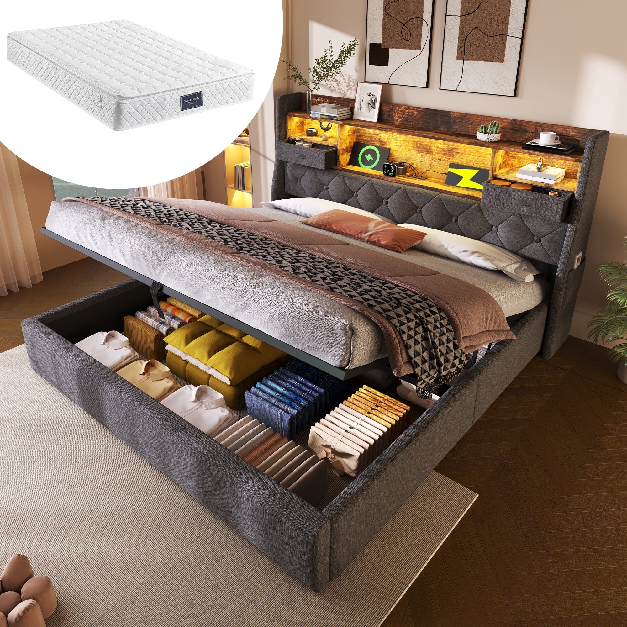 Upholstered Bed 160x200cm Hydraulic Storage LED Headboard USB/Type-C Grey Linen