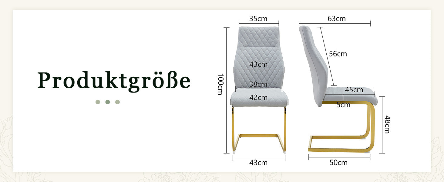 Dining Chair Set of 2, High Backrest and Gold Metal Frame, Light Grey PU Leather