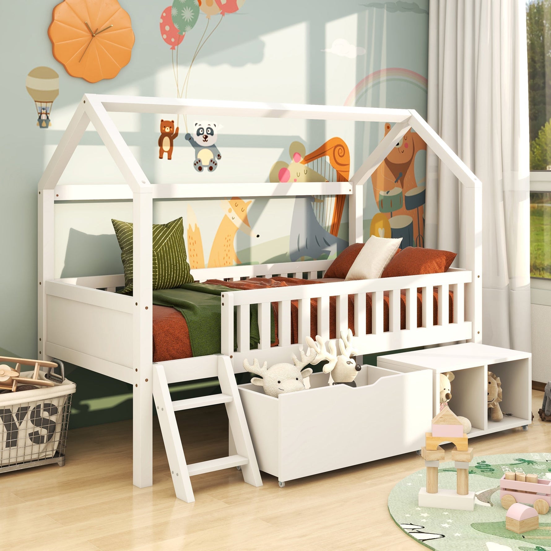 House Bed for Children and Youth 200x90 with Drawers, Storage and Anti-Drop Railing, White Pine