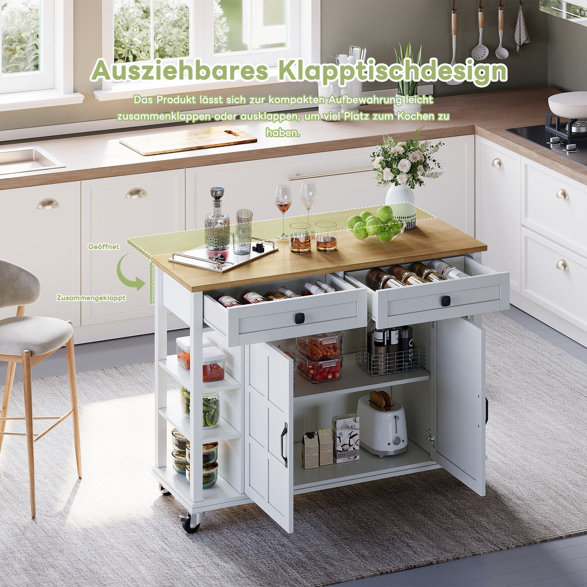 Multifunctional Kitchen Trolley, Fold-Down Worktop, 2 Drawers, On Wheels, Wood