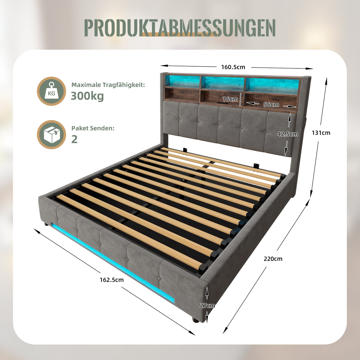 Storage Bed 160x200 with LED & USB Headboard, Velvet