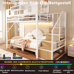 Metal Loft Bed 90x200cm with Storage Ladder & Light Strip, White