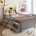 Children's Bed with 4 Drawers, LED Lights, USB and Type-C Charging Ports, 90x200cm, Grey Solid Wood