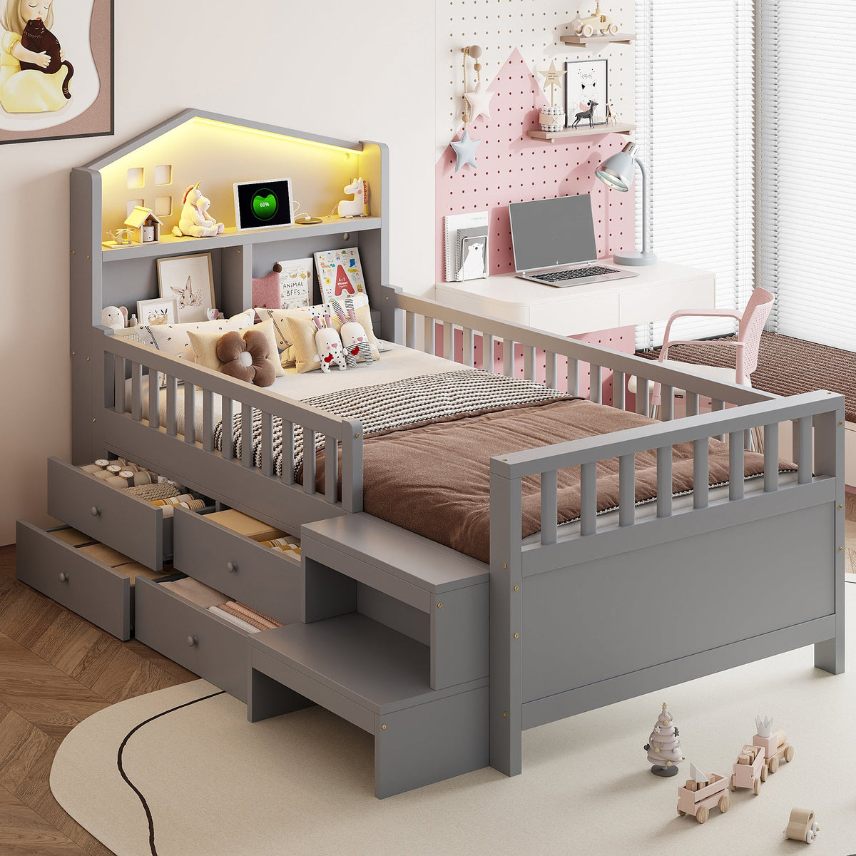 Children's Bed with 4 Drawers, LED Lights, USB and Type-C Charging Ports, 90x200cm, Grey Solid Wood