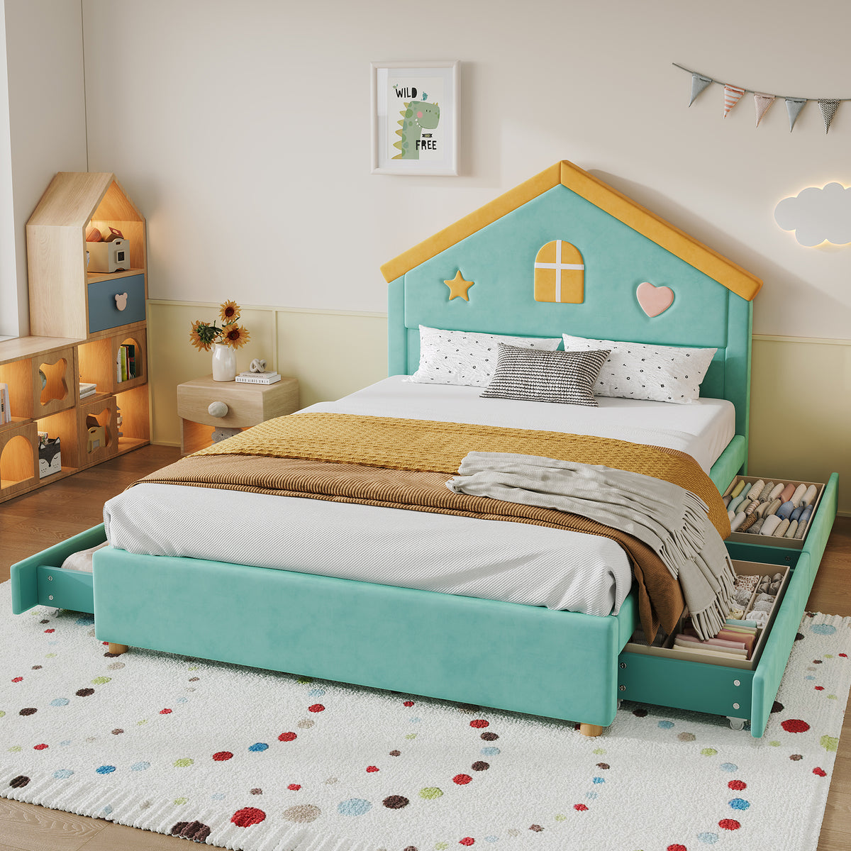 House Bed 140x200cm with 4 Drawers, Blue-Green Velvet