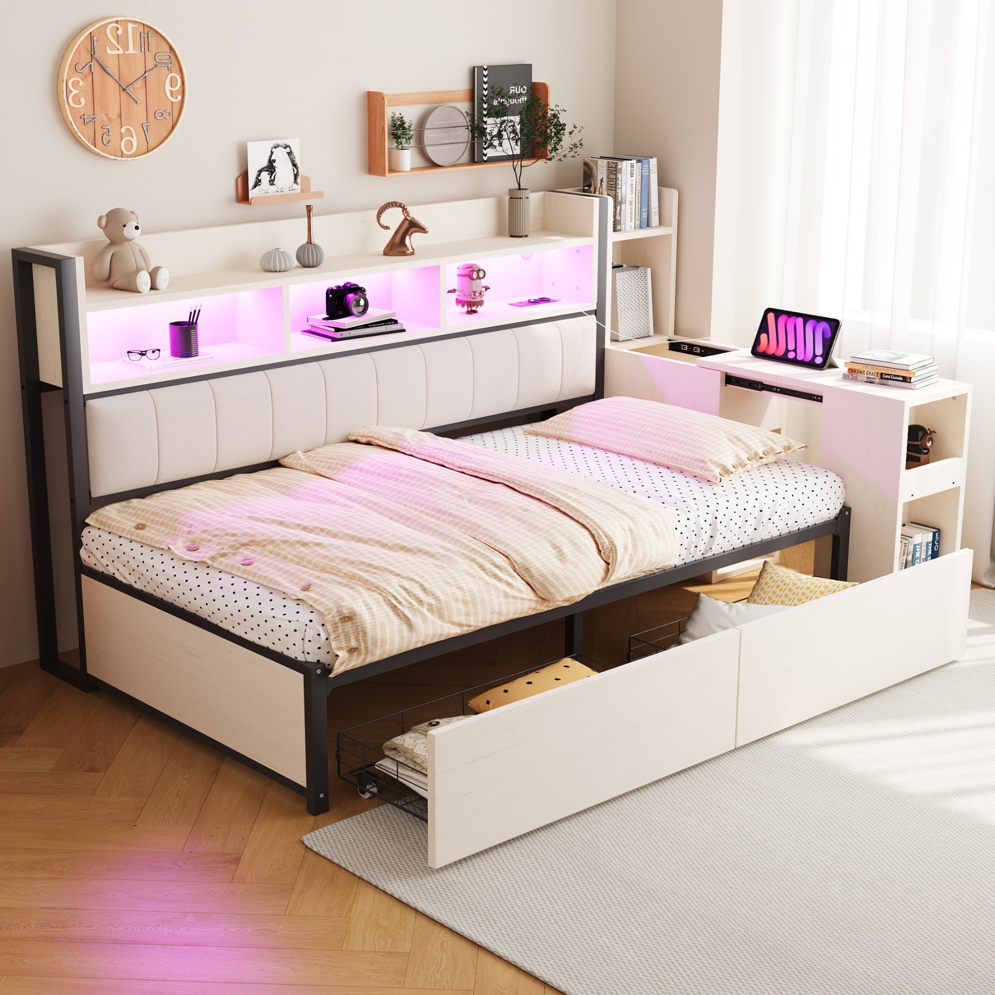 Iron Sofa Bed 90x200cm Storage Drawers Desk LED White