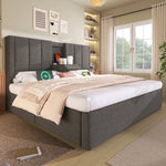 Upholstered Bed 160x200cm Hydraulic Storage with Hidden Cup Holder & Charging Station Linen Grey