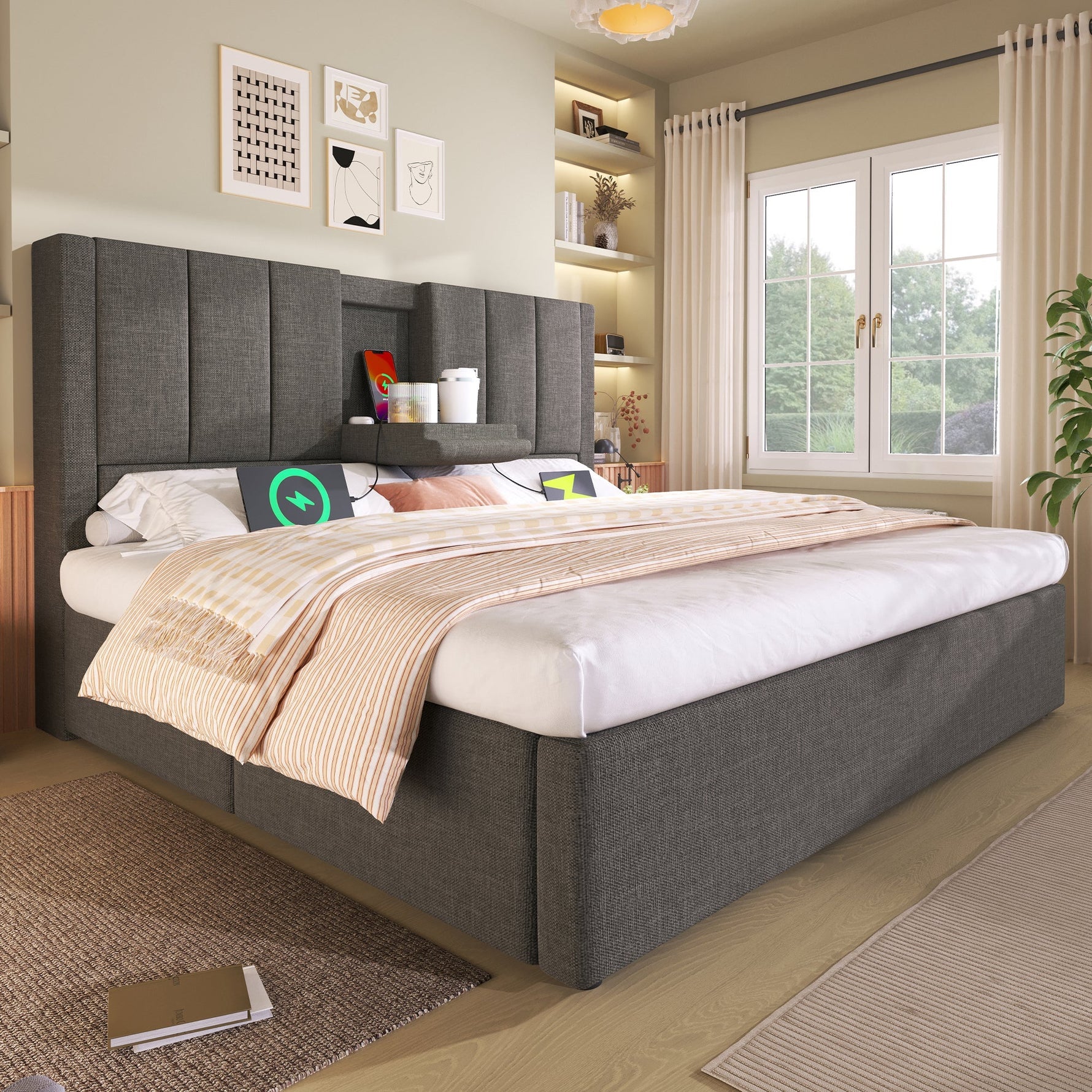 Upholstered Bed 160x200cm Hydraulic Storage with Hidden Cup Holder & Charging Station Linen Grey
