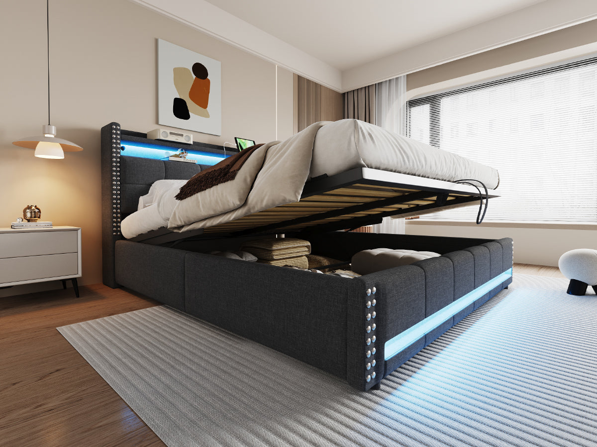 Upholstered Bed 180x200cm LED/USB Hydraulic Storage Linen Fabric Grey
