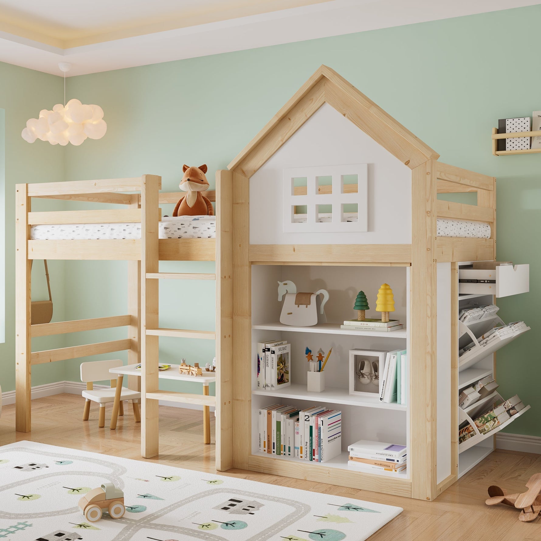 Loft Bed with Storage Compartments, Drawers, Steps and Safety Railing, 90x200cm, White and Natural Pine + MDF + Plywood
