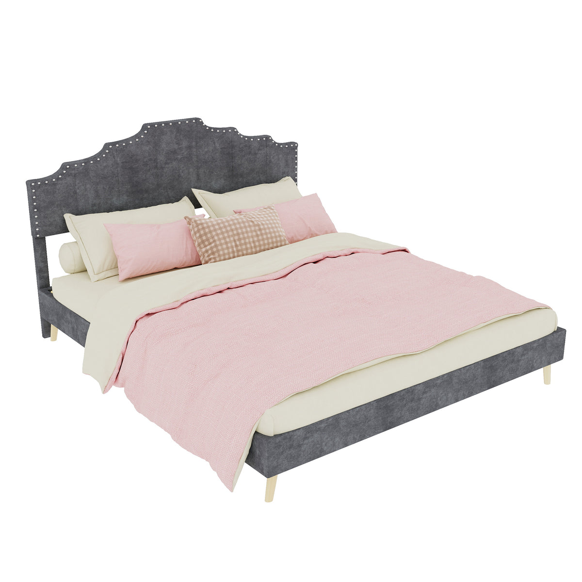 Modern Minimalist Soft Bed 160x200cm with Mattress, Gray