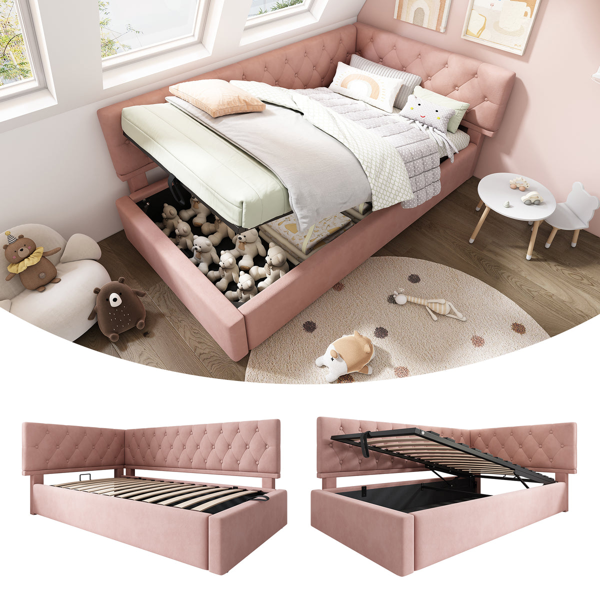 Upholstered Double Bed 180x200 with Storage & LED, Beige Chenille