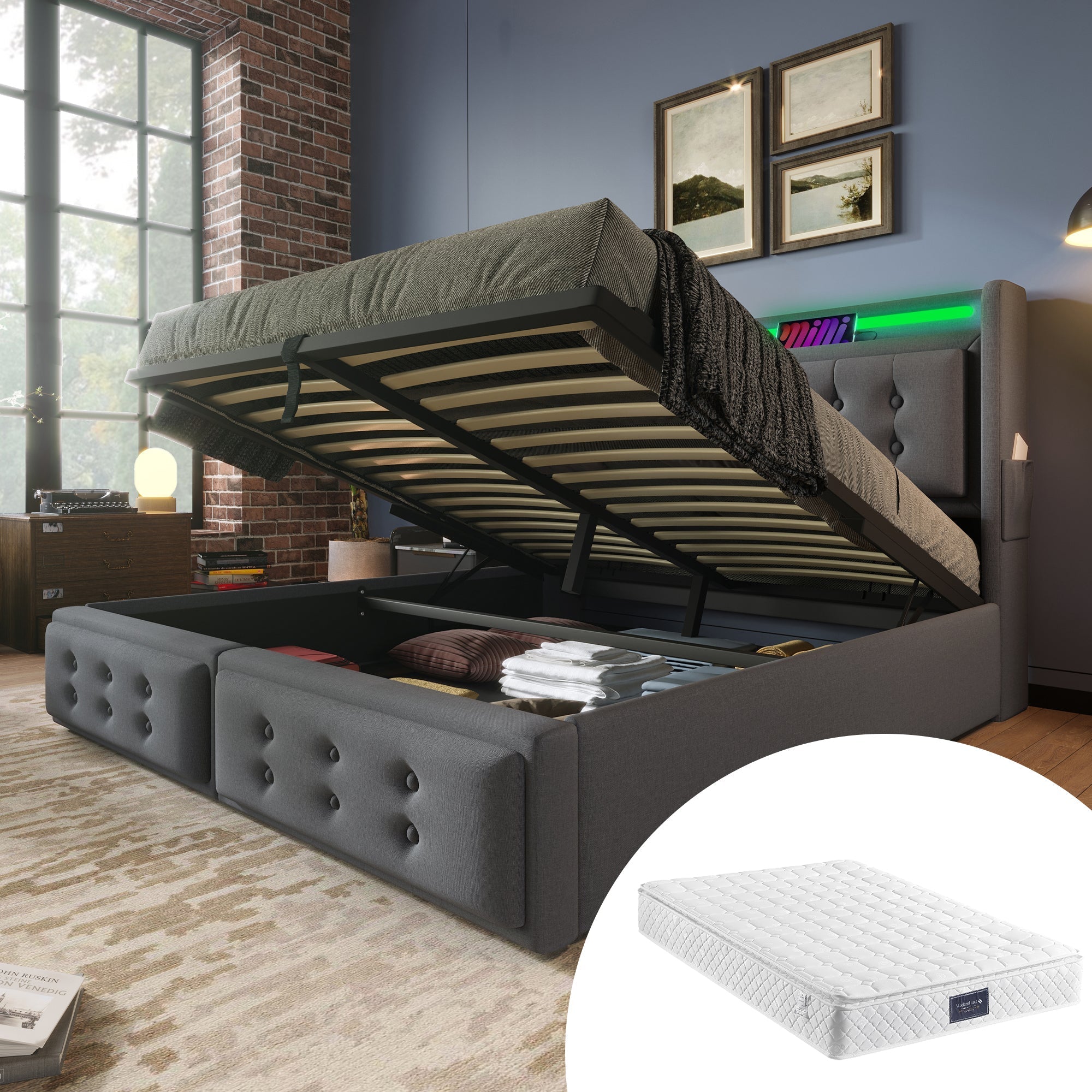 Upholstered Bed 140x200, Hydraulic Storage LED/USB Headboard, Grey Cotton (with Mattress)