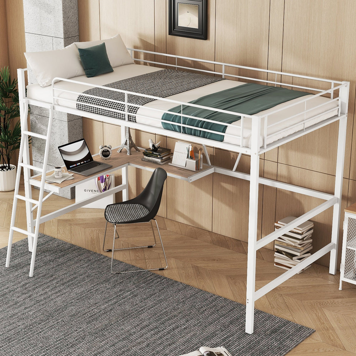 Loft Bed with L-Shaped Desk and Shelf, 90x200cm Metal Frame, White