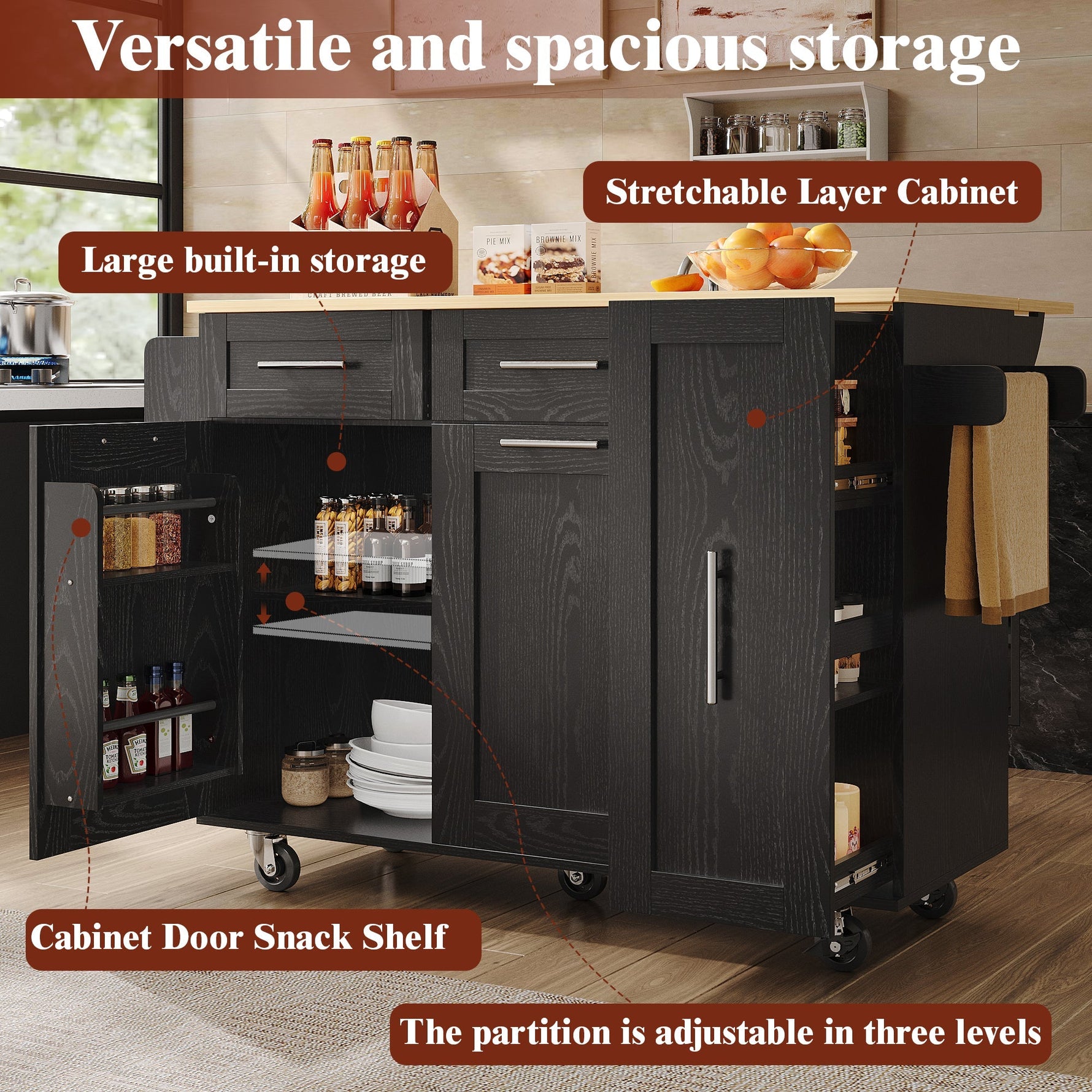 Mobile Kitchen Island Dining Table Extendable Storage - Wood Grain Black