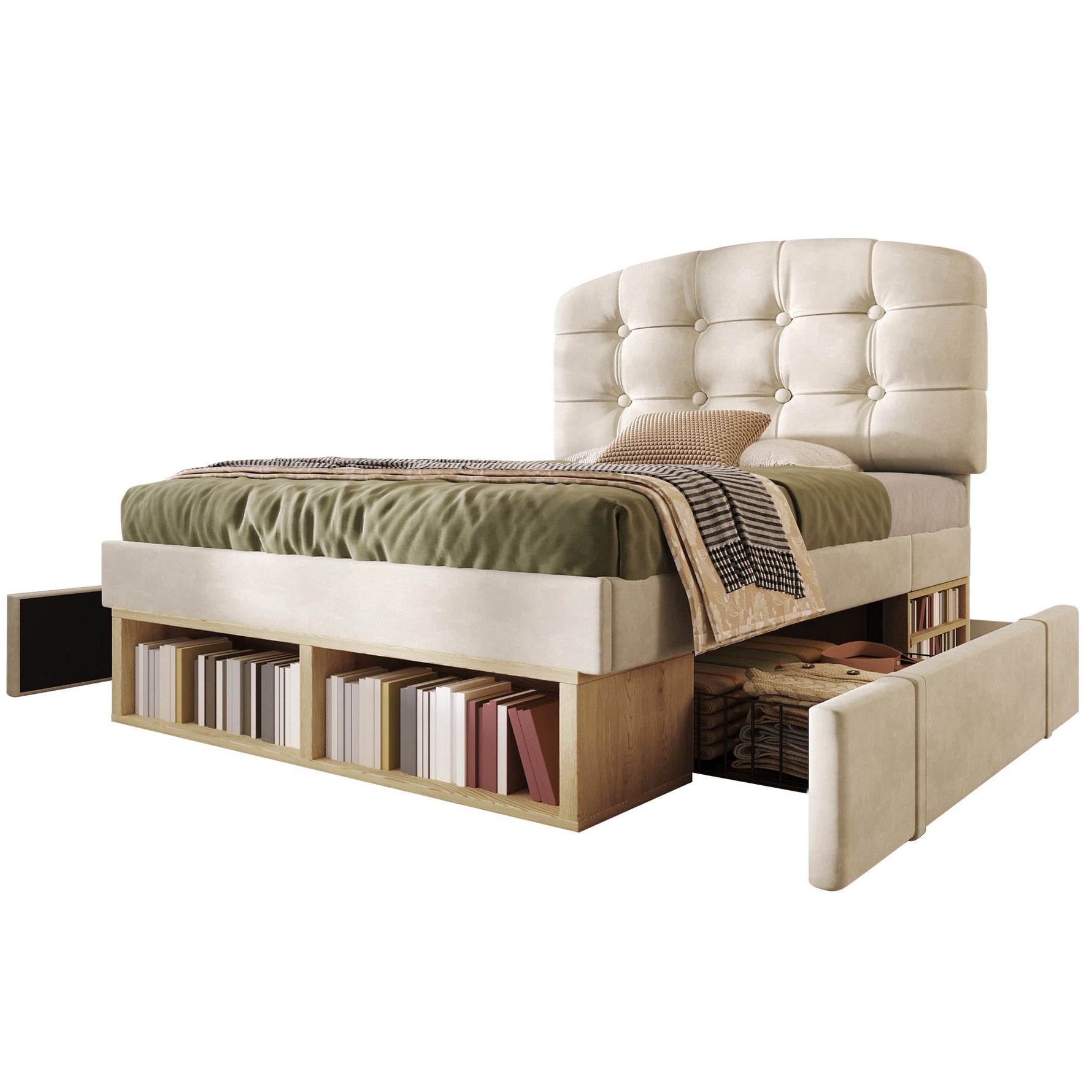 Upholstered Single Bed with Storage and Adjustable Headboard, 90x200cm, Beige Velvet