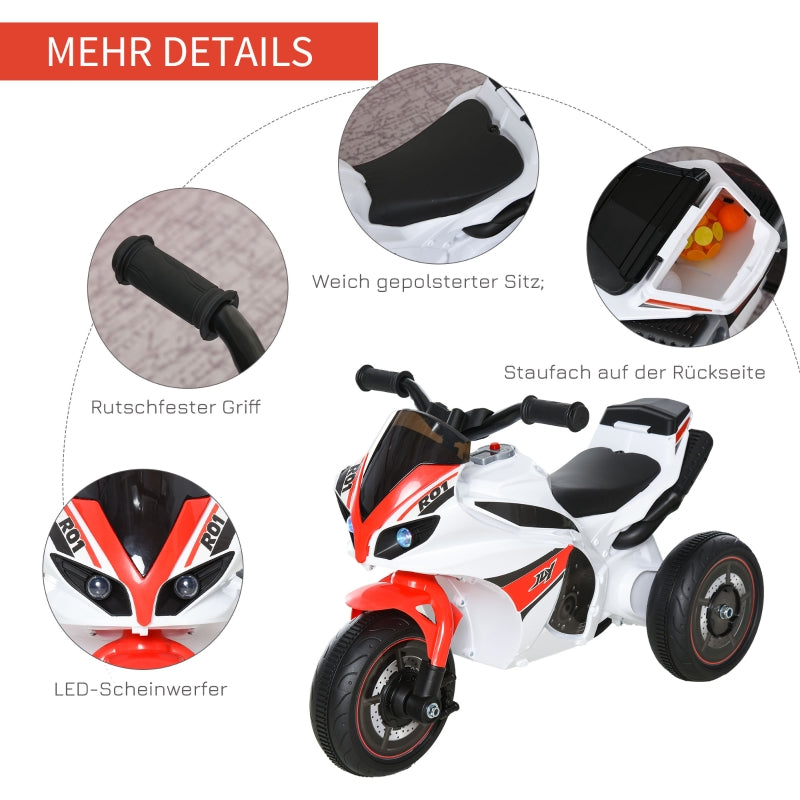 Children's motorcycle ride-on vehicle with music, stable & safe, white