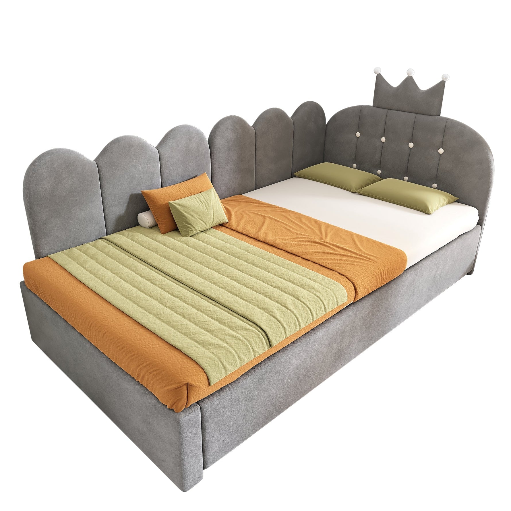 L-Shape Sofa Bed with Pull-Out Guest Bed and Crown Lattice Design, 90x200cm, Grey Velvet
