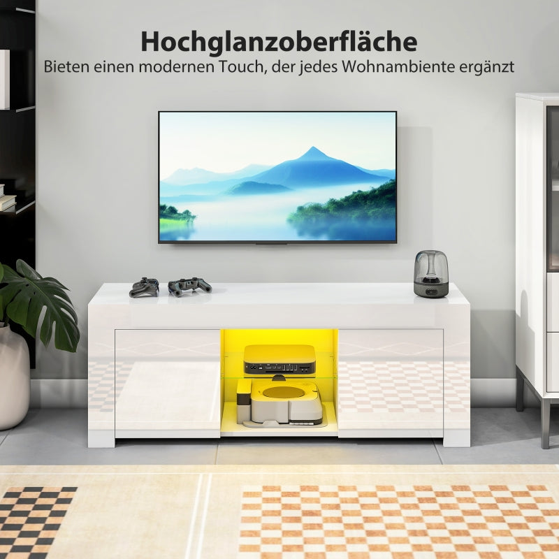 TV Cabinet, LED Lighting, 2 Doors, Glass Shelf, White Chipboard