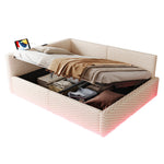 Upholstered Bed 140x200cm with LED, USB, L-Shaped Backrest and Hydraulic Frame, Beige Velvet