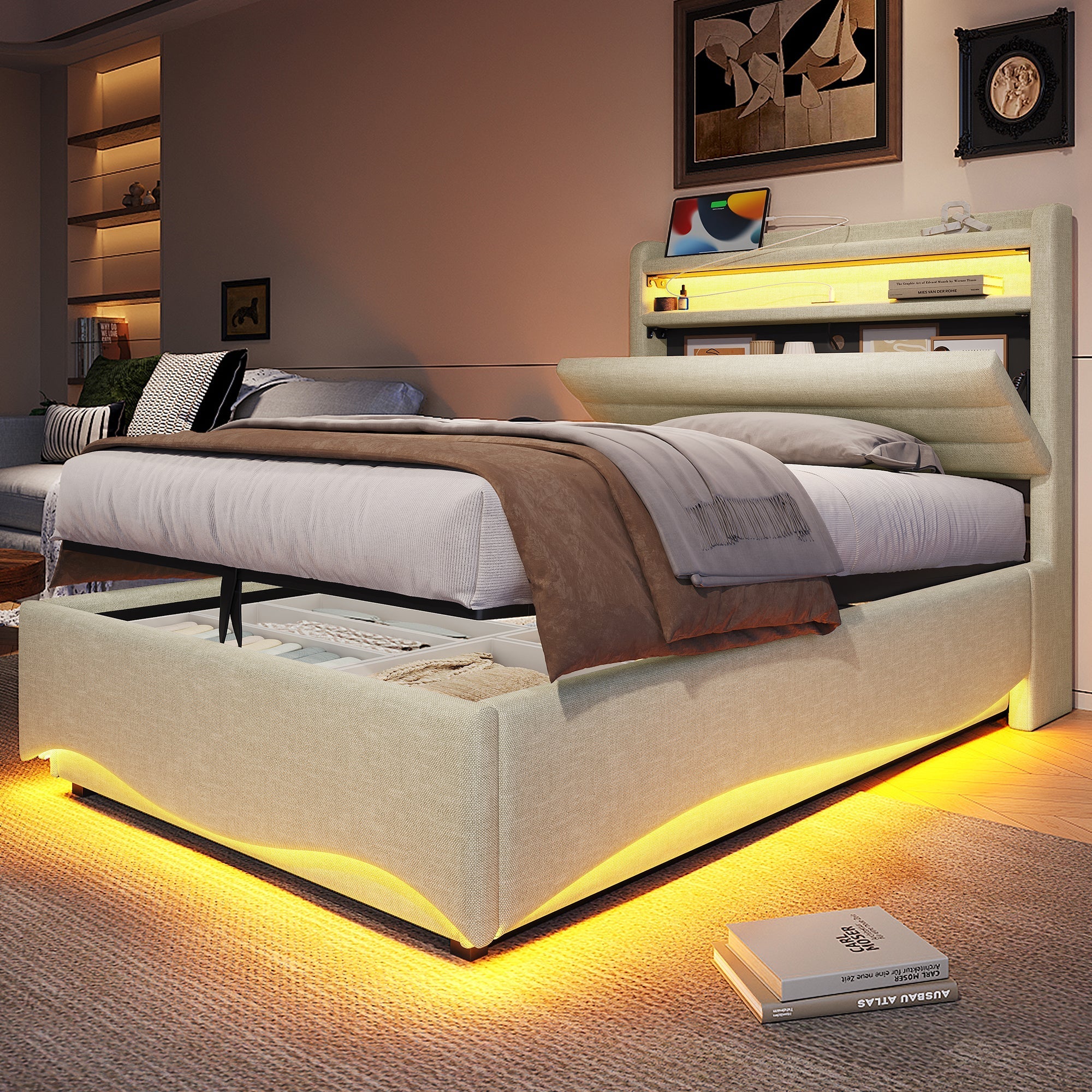 Upholstered Bed with LED Lighting, Hydraulic Storage, and USB Ports, Beige Linen Fabric