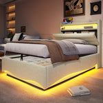 Upholstered Bed with LED Lighting, Hydraulic Storage, and USB Ports, Beige Linen Fabric
