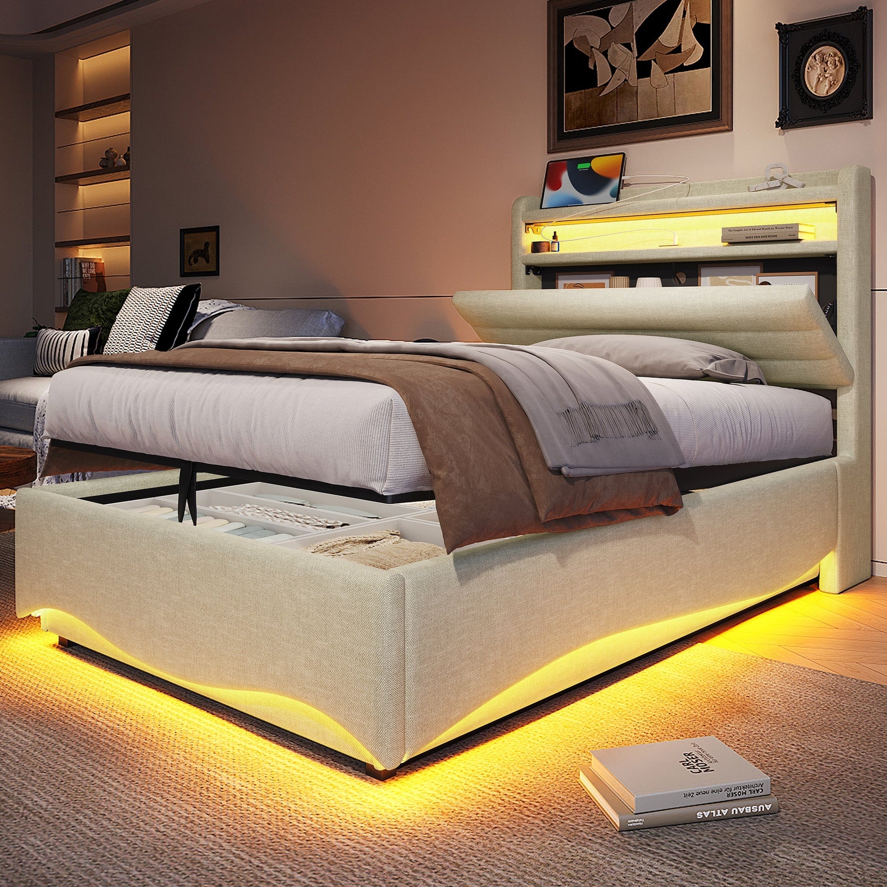 Upholstered Bed with LED Lighting, Hydraulic Storage, and USB Ports, Beige Linen Fabric