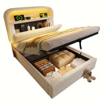 Upholstered Single Bed 90x200cm Hydraulic Storage LED USB/Type-C Adjustable Headboard - Velvet Beige (With Mattress)