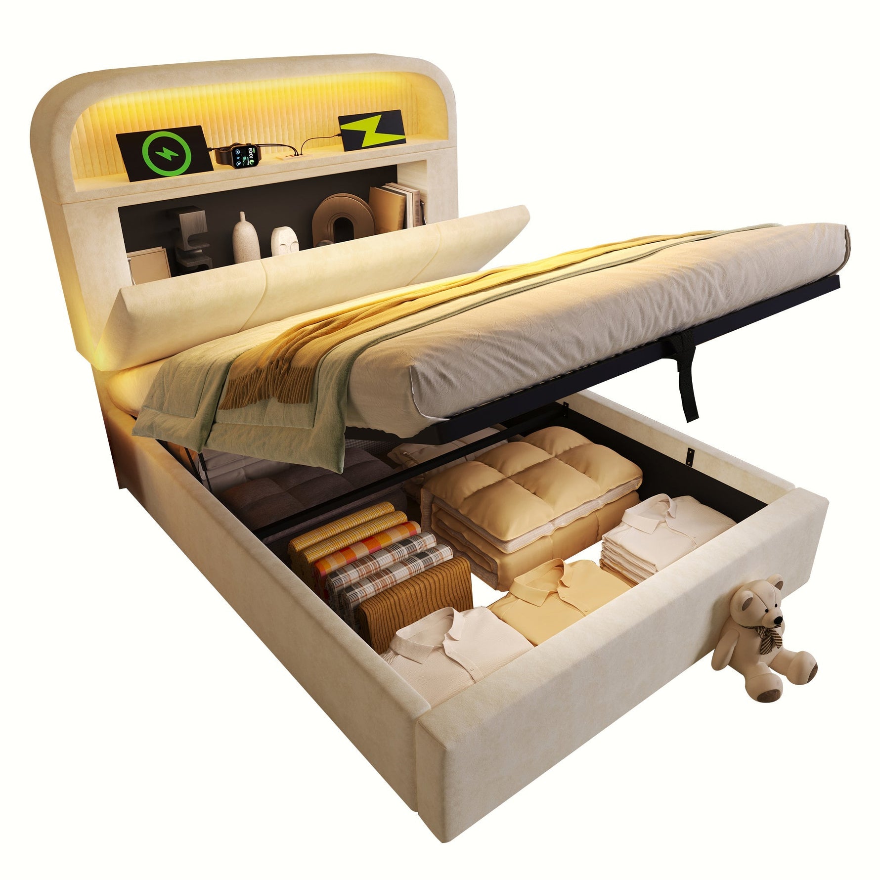 Upholstered Single Bed 90x200cm Hydraulic Storage LED USB/Type-C Adjustable Headboard - Velvet Beige (With Mattress)