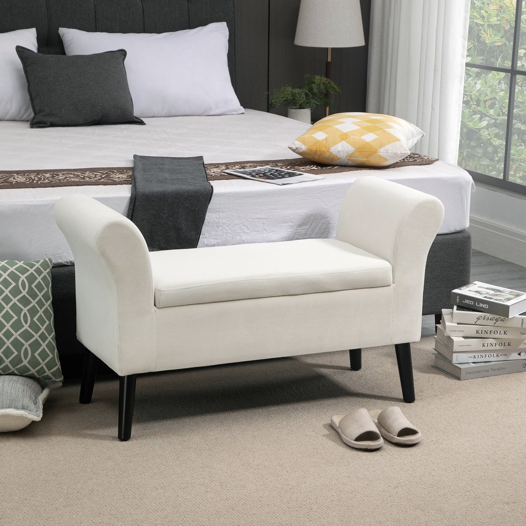 Upholstered Bench with Storage, Armrest, Velvet Polyester, Cream White