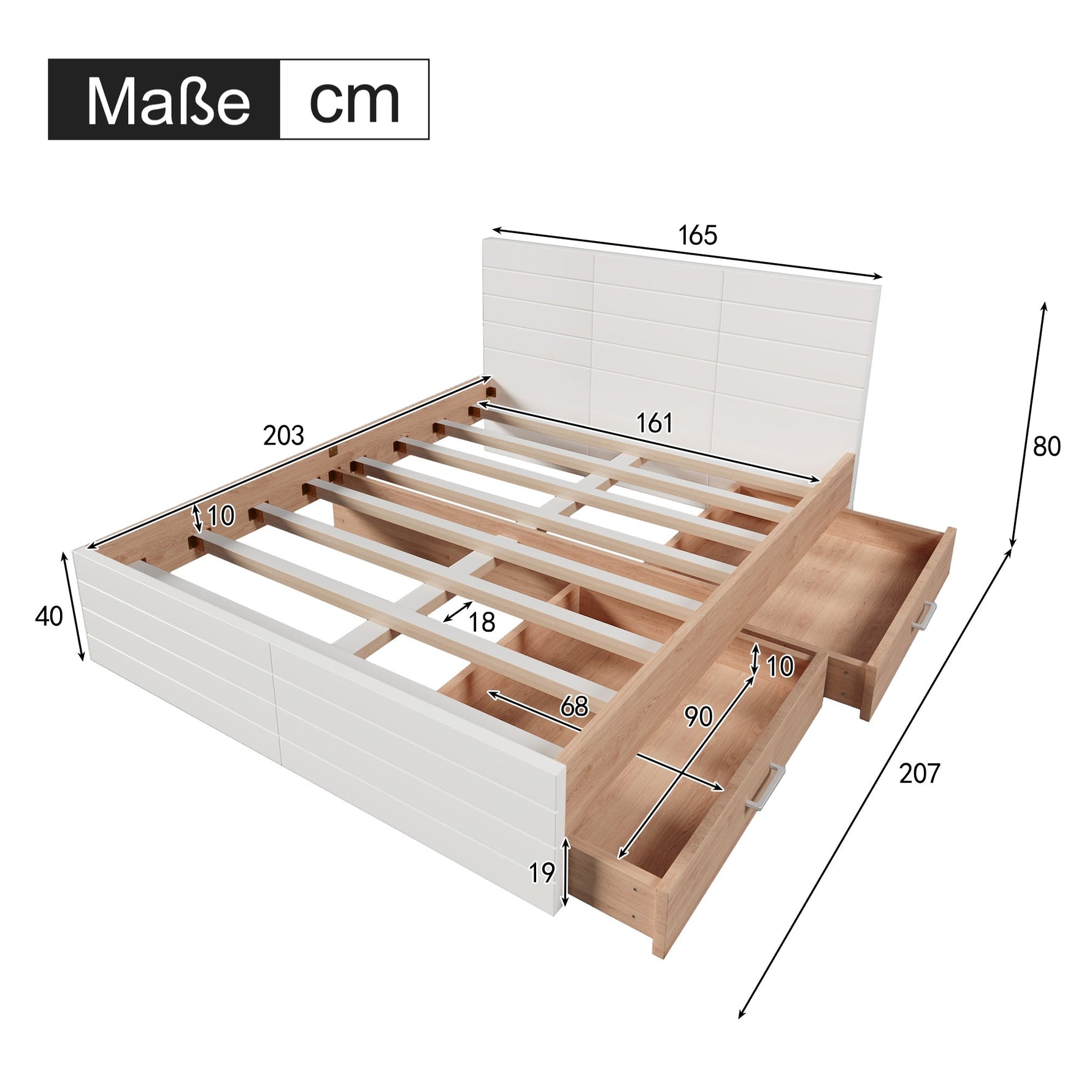 Double Bed 160x200cm, Modern Wooden Frame with 2 Drawers, Oak/White