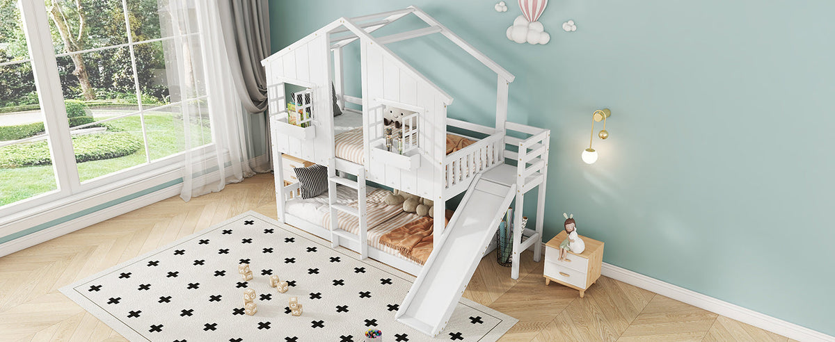 Bunk Bed with Slide, Roof & Window, Safety Gate, 3-Step Ladder, Pine + MDF, White, 90x200cm