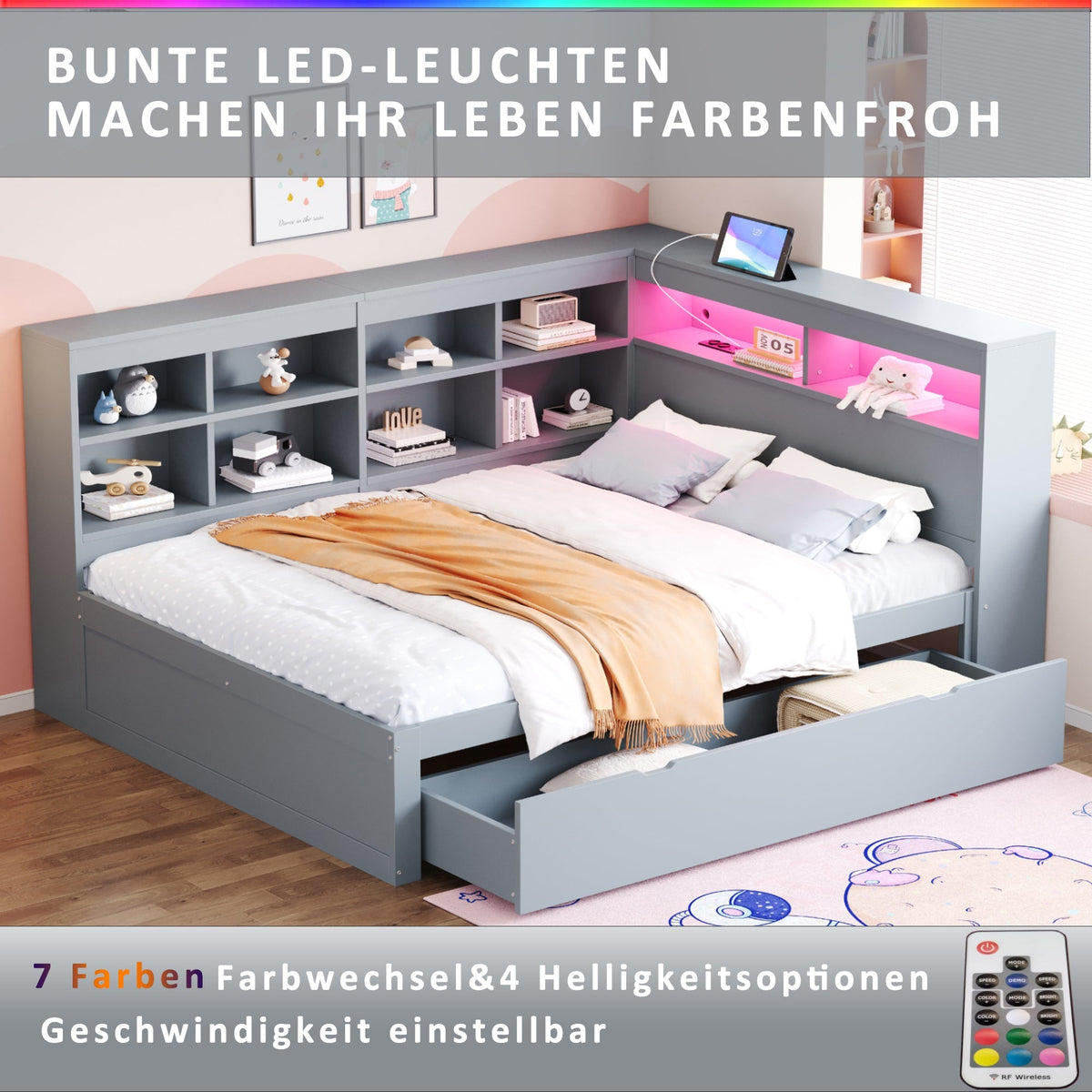 Solid Wood Sofa 140x200cm, Extra Large Drawers, USB, LED, Grey